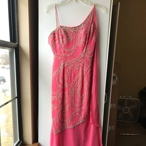 Pink fitted hand beaded prom dress one shoulder